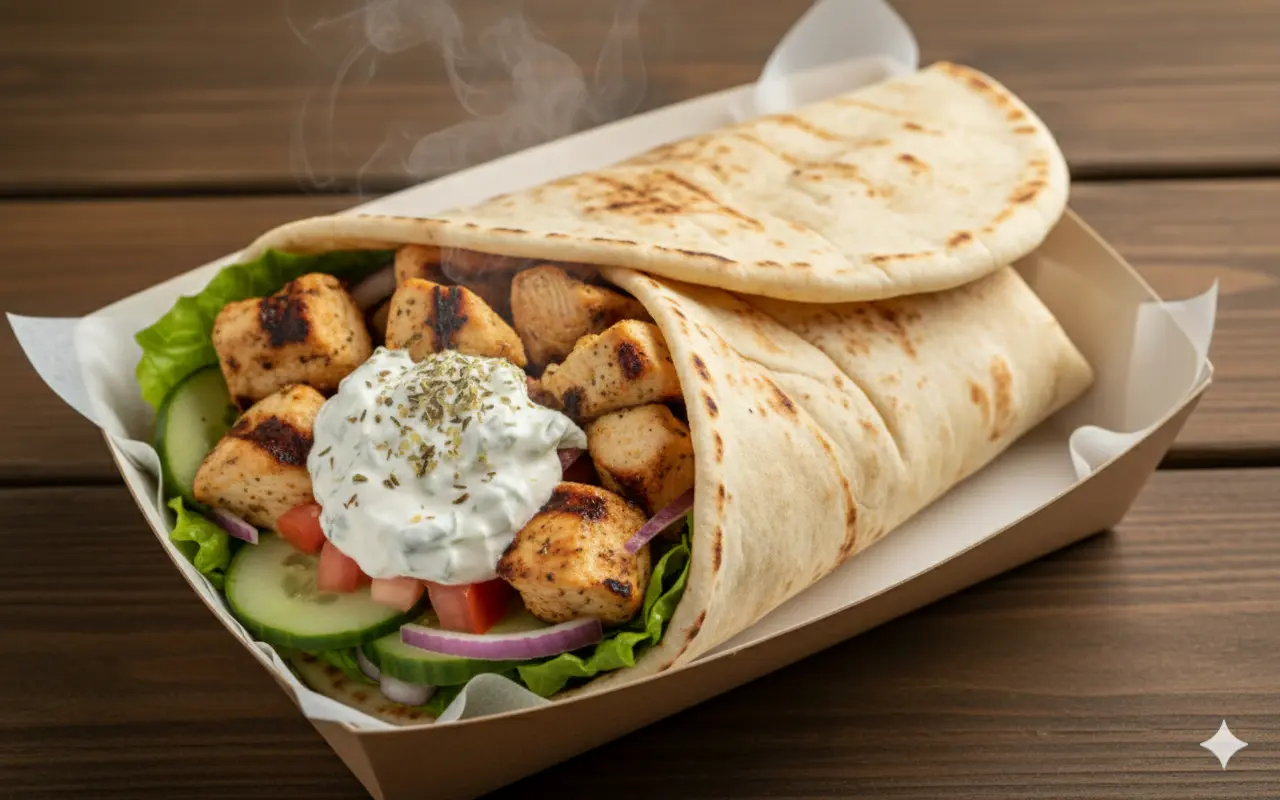 Greek style souvlaki wrap Flame and Bite